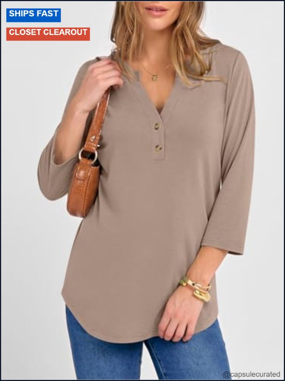 Women 3/4 Sleeve V Neck Henley Tunic Top Loose Fit Office Casual Tee - Picture 2 of 6